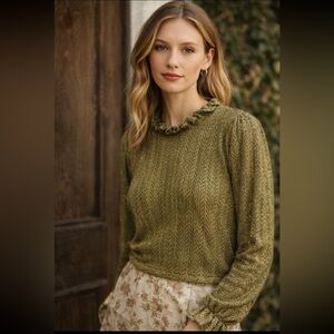 NWT DÔEN Doen Marcella Metallic Knit Ruffle Neck Sweater - Spanish Moss Sz S